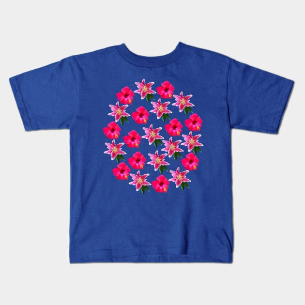 Red Hibiscus Flower and Stargazer Lily Floral Group Kids T-Shirt by ellenhenryflorals